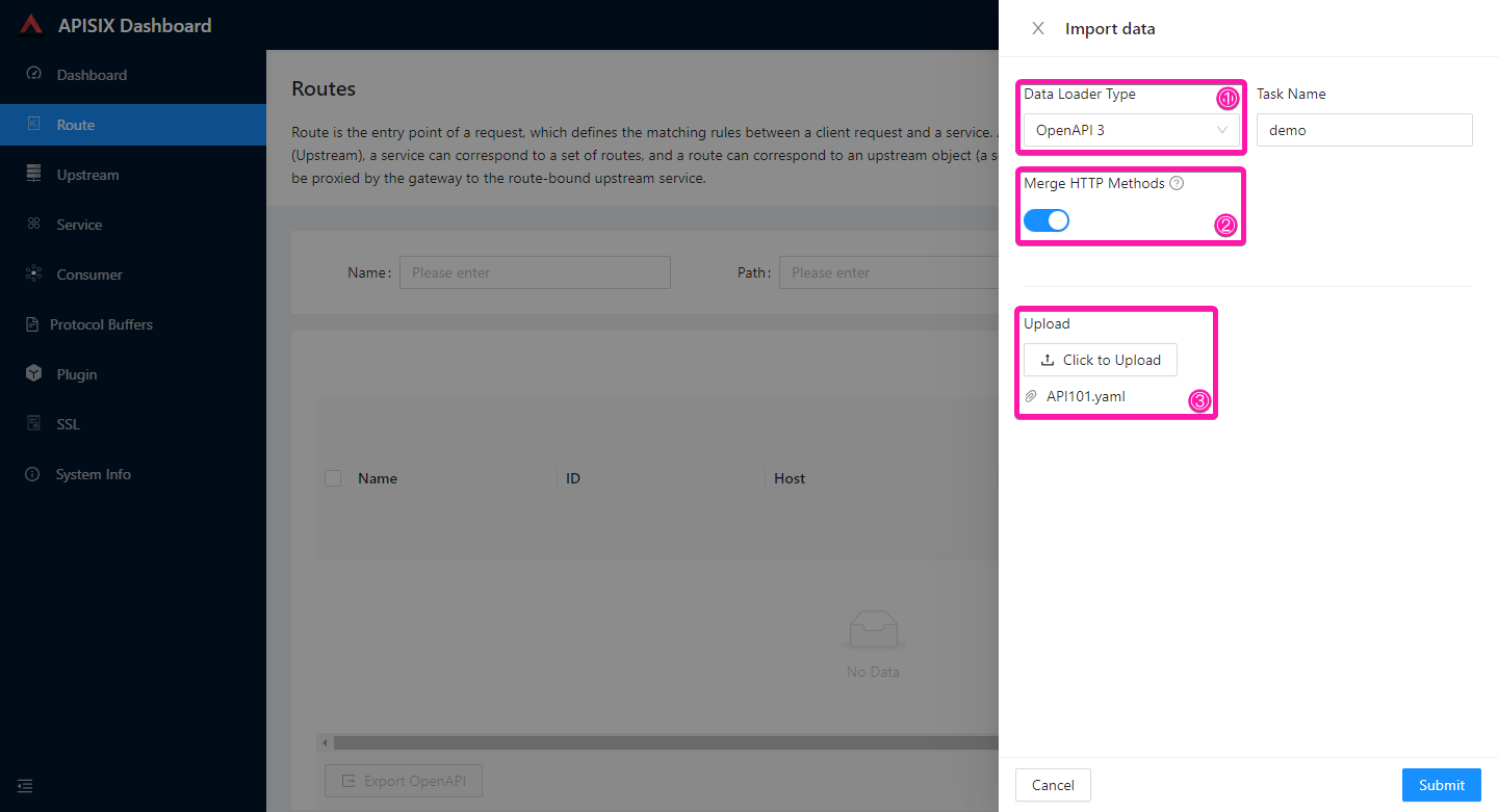 Set import parameters